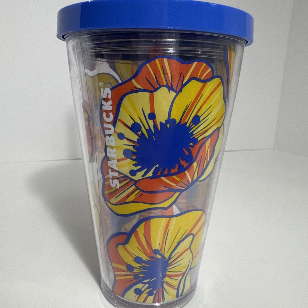 Starbucks Blue Lid Poppy Flower‎ Floral Cold Cup Tumbler 16oz With Straw